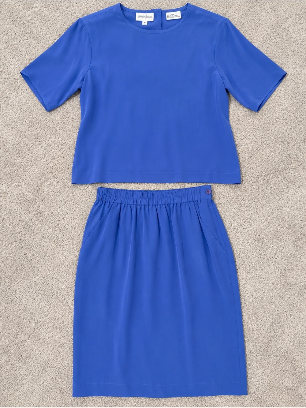 Vintage Neiman Marcus 100% Silk Blue 2 Piece Skirt & Top Set Size 8